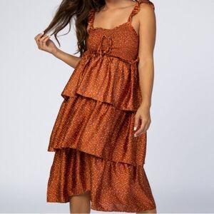 Storia Smocked Tiered Maternity Rust Polka Dot Midi Dress in Size Small
